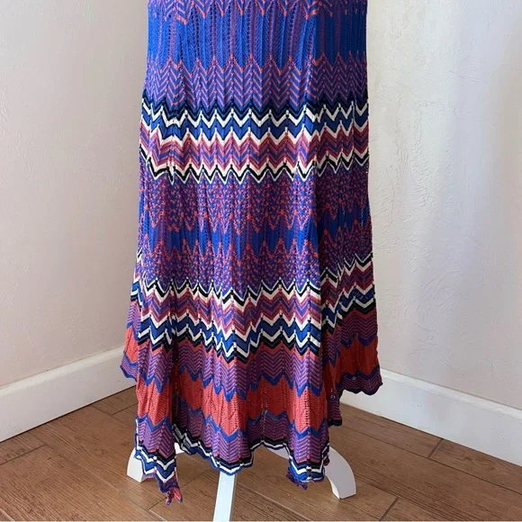 Sandro Paris Pointelle Chevron Zig Zag Knit Midi Skirt in Blue & Rust 2 US 6 - Picture 6 of 14